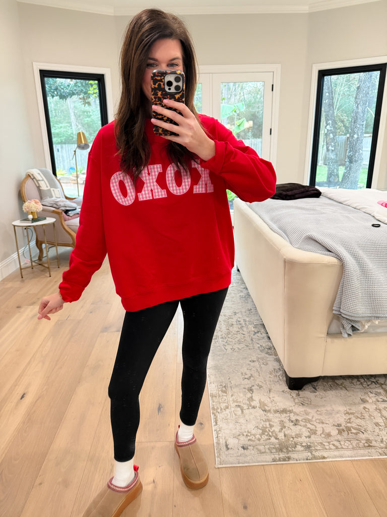 XOXO Gingham Mock Neck Pullover in Red