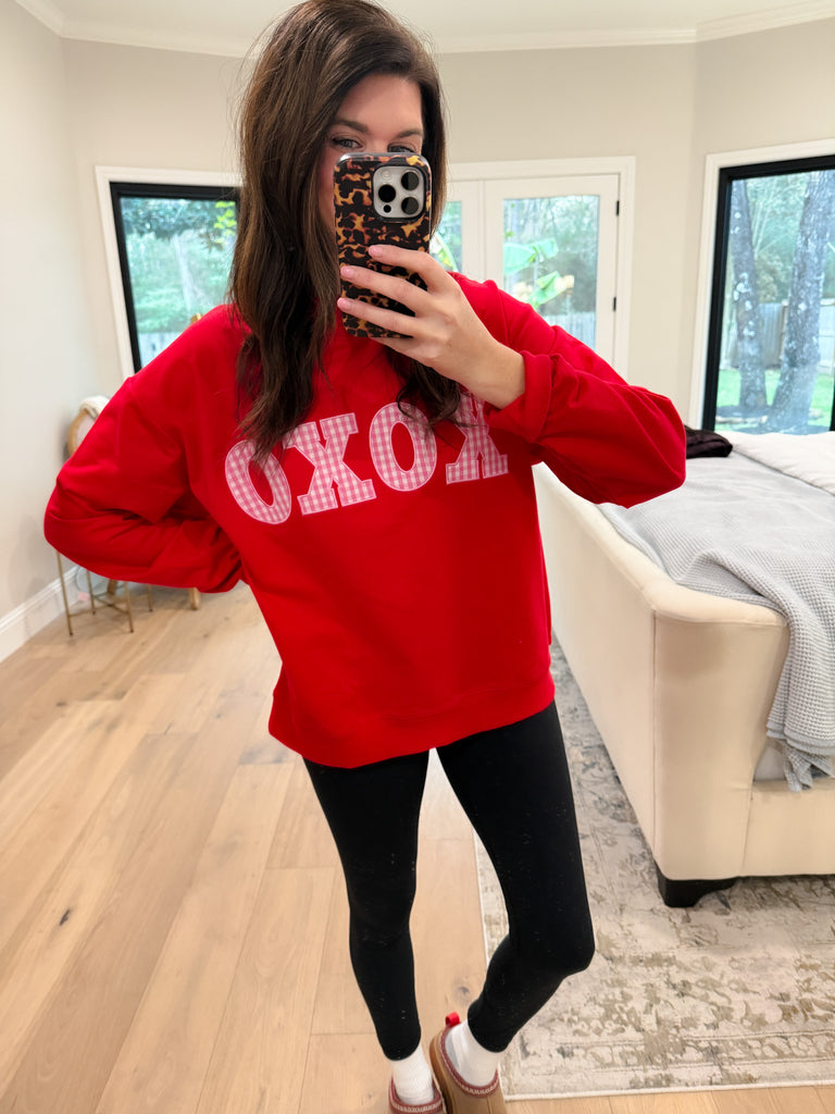 XOXO Gingham Mock Neck Pullover in Red