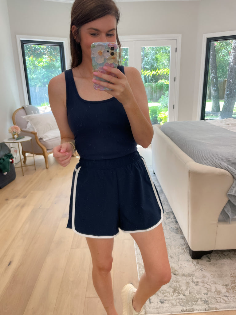 Fast Track Shortsie Romper in Navy