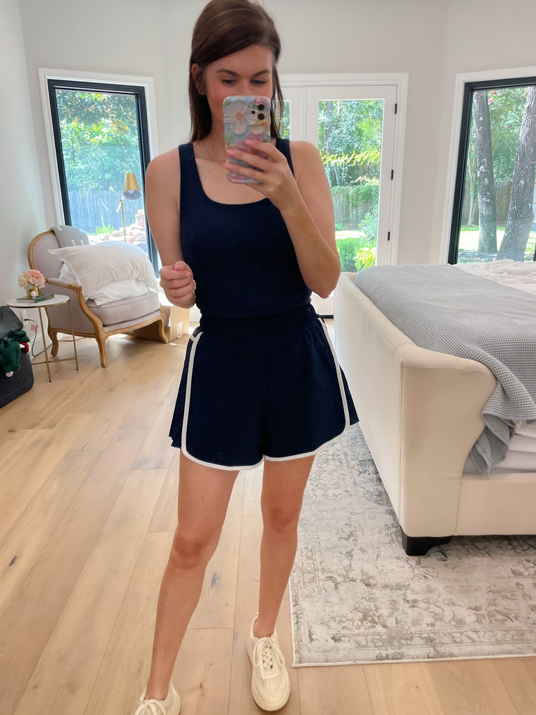 Fast Track Shortsie Romper in Navy