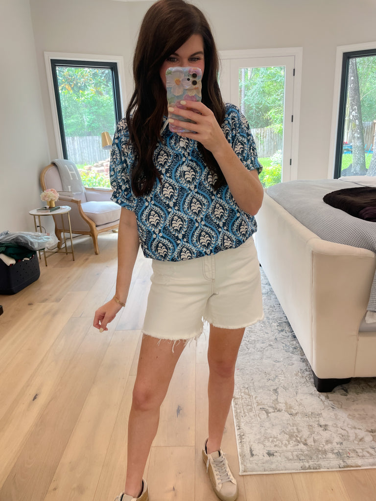 Blue Mosaic Collared Top