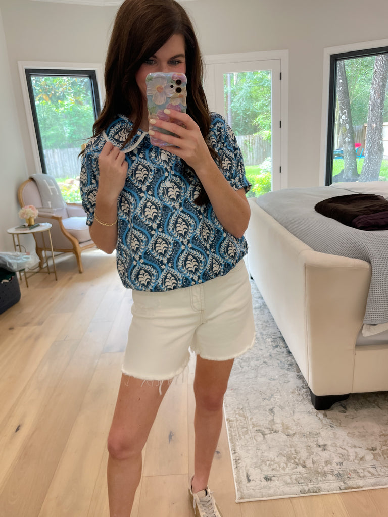 Blue Mosaic Collared Top