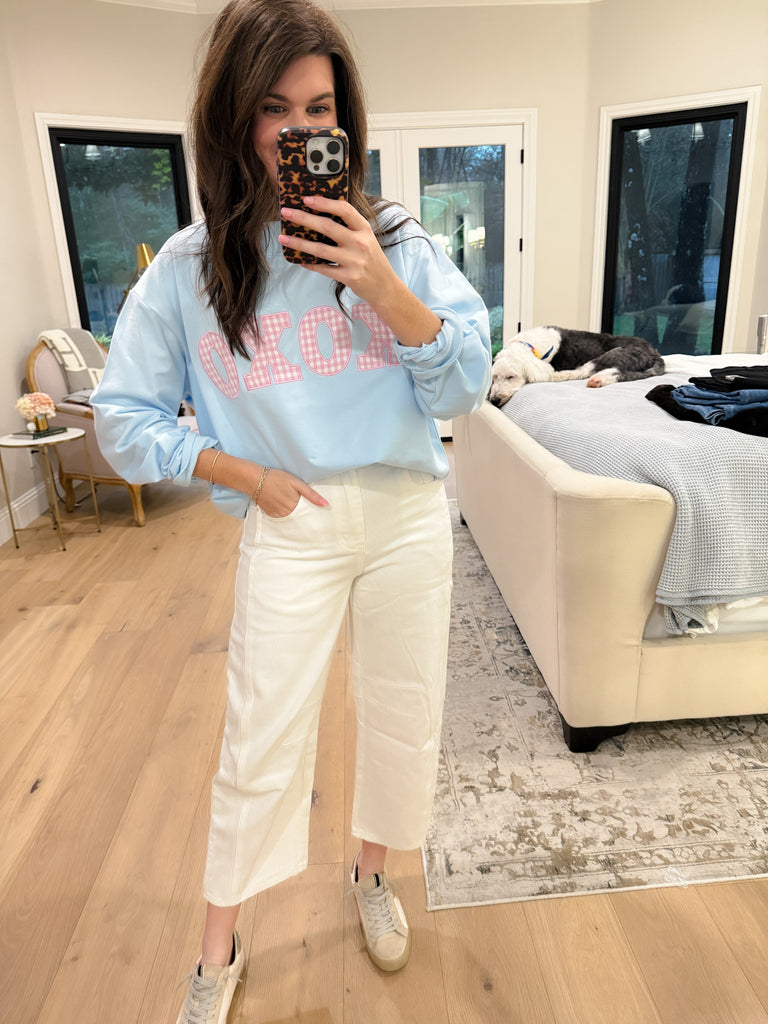 XOXO Gingham Mock Neck Pullover in Blue