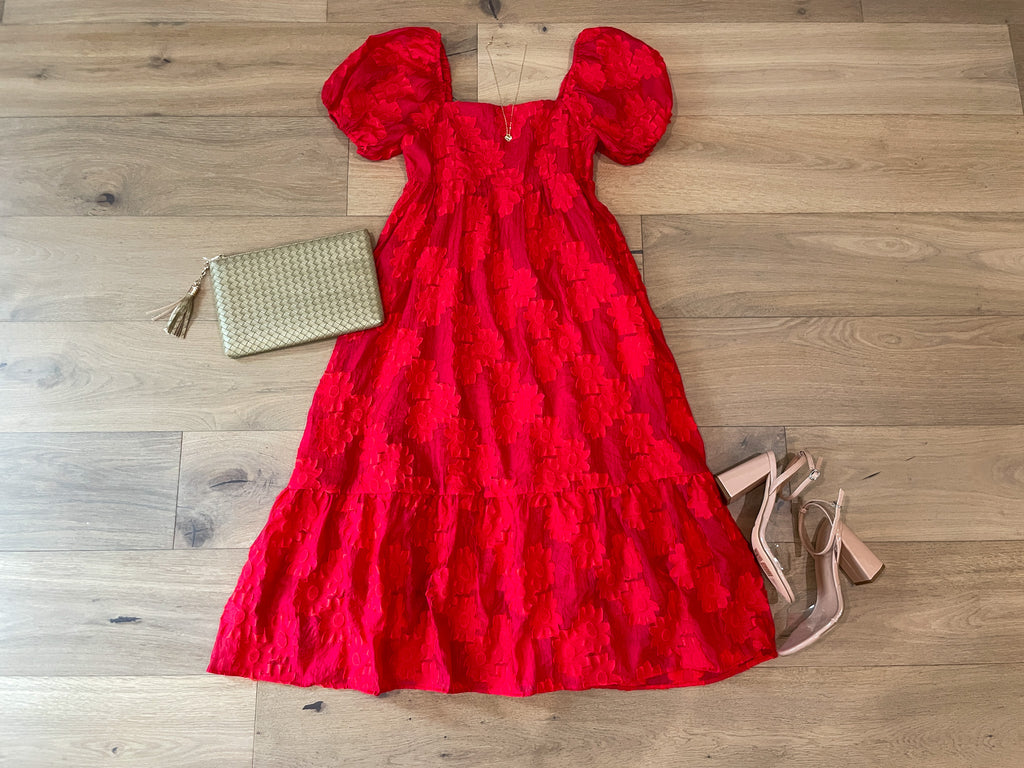 New Love Floral Midi Dress in Red