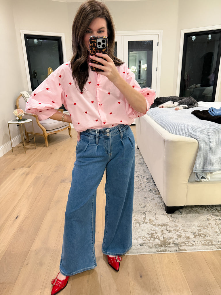 Love Note Button Down in Pink