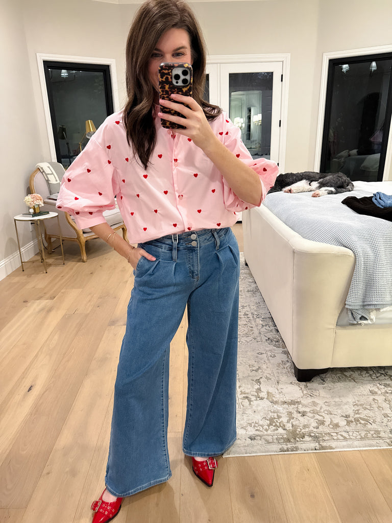 Love Note Button Down in Pink