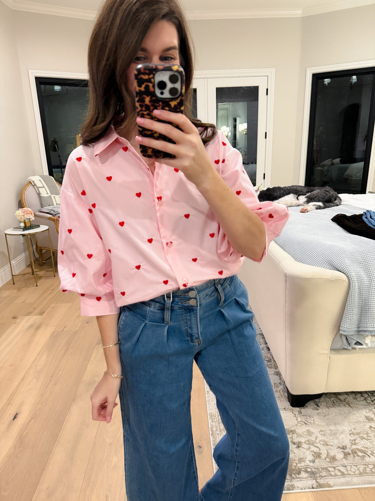 Love Note Button Down in Pink