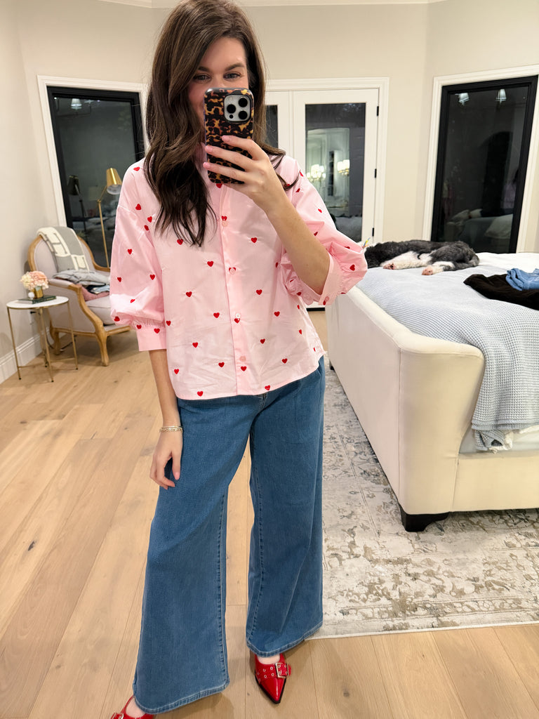Love Note Button Down in Pink