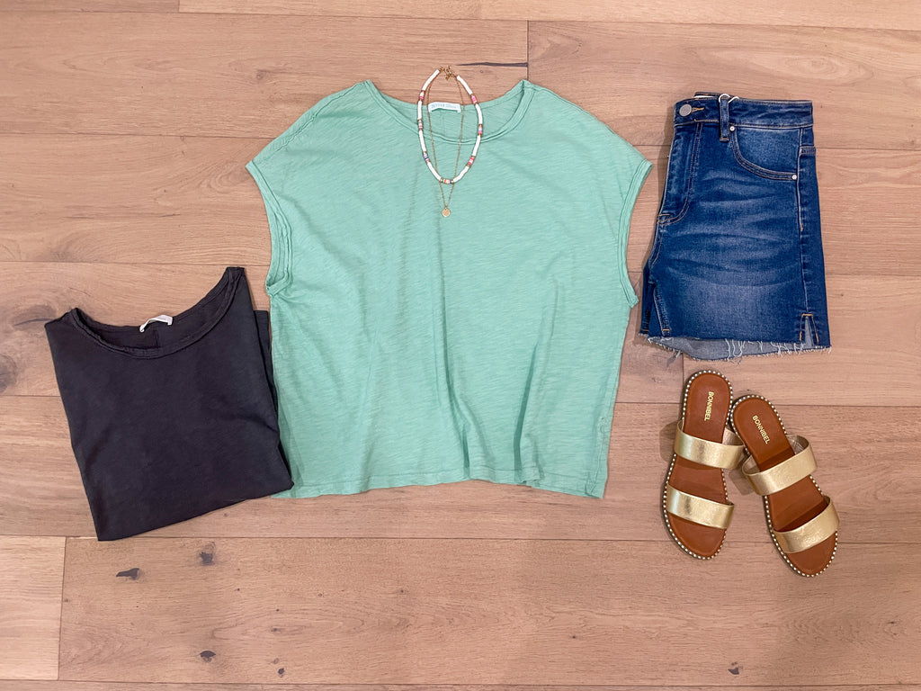 Casual Convo Exposed Seam Top in Charcoal and Sage