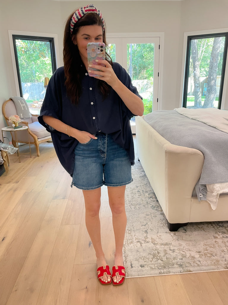 Seaside Blues Linen Button Down in Navy