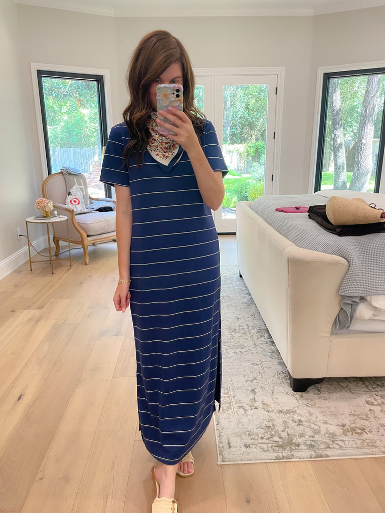 Between the Lines Maxi Dress in Navy/White