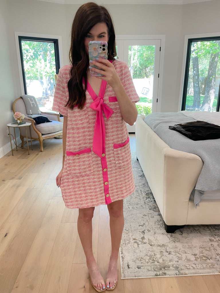 Uptown Chic Tweed Dress in Pink