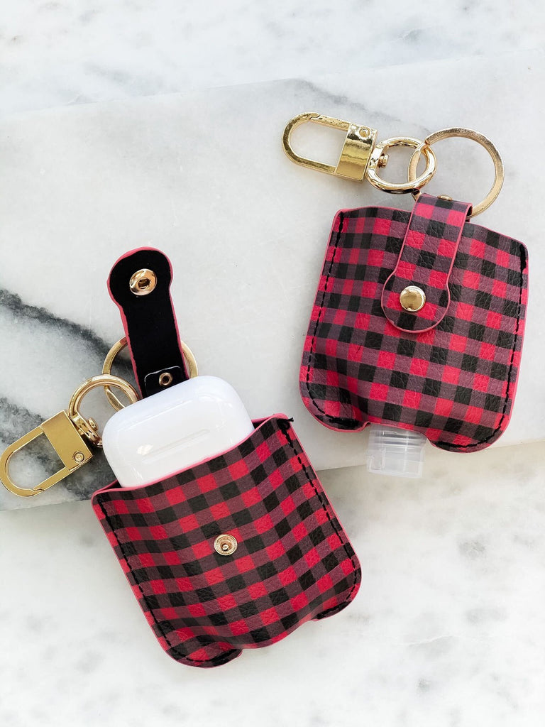 Hand Sanitizer & Air Pod Case Key Chain in Red/Black Buffalo Check *Final Sale*