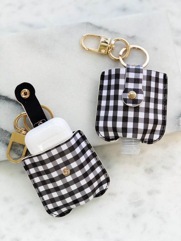 Hand Sanitizer & Air Pod Case Key Chain in Black/White Buffalo Check *Final Sale*