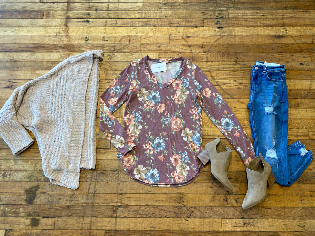 SALE! Blooms in Fall Top in Burgundy *Final Sale*