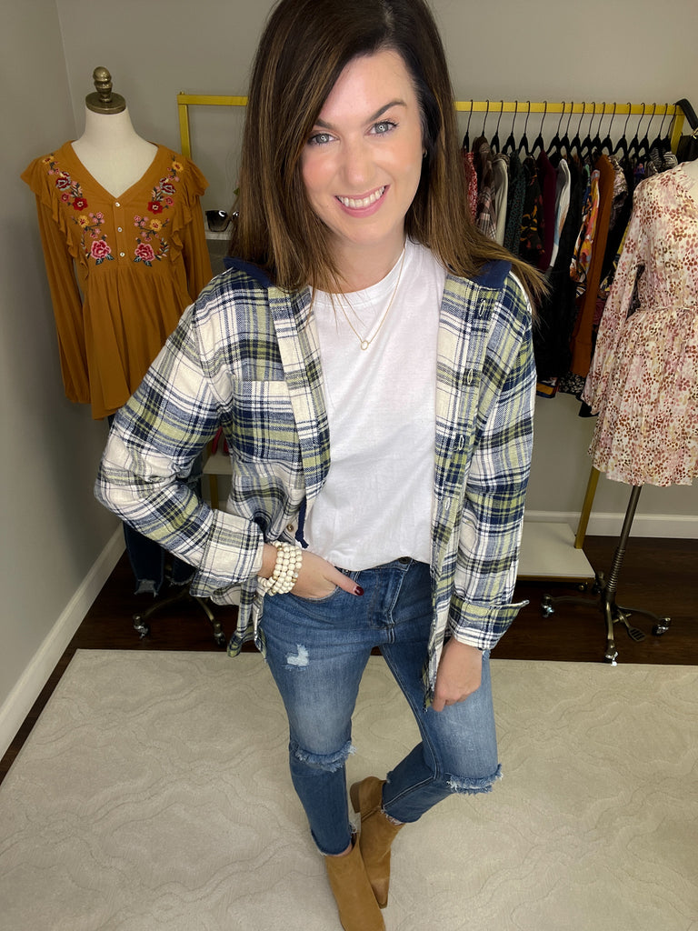 Find a Reason Hooded Button Down in Navy