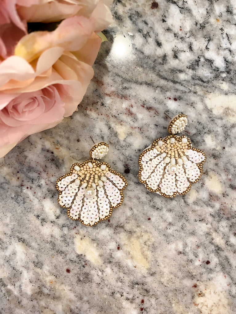 Shell and Pearl Earrings in White and Coral *Final Sale*