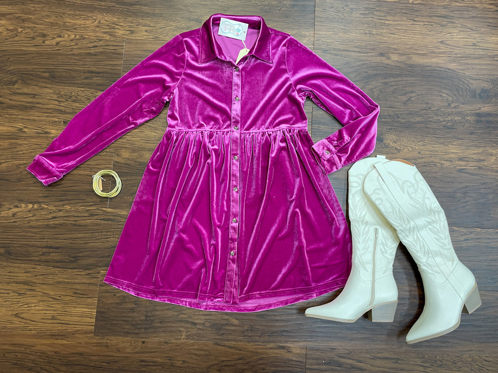 Feels Like Love Velvet Dress in Magenta