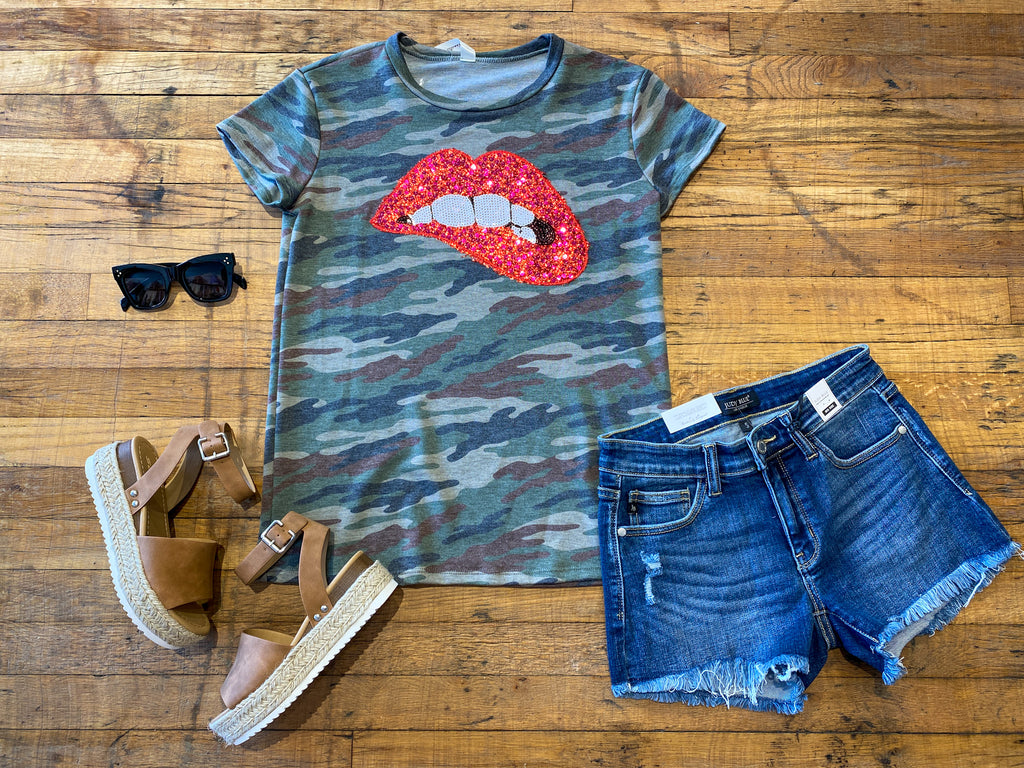 SALE! Sequin Lips Top in Camo *Final Sale*