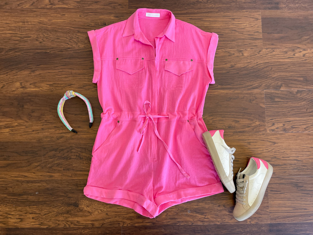 Sweet Stuff Linen Romper in Hot Pink