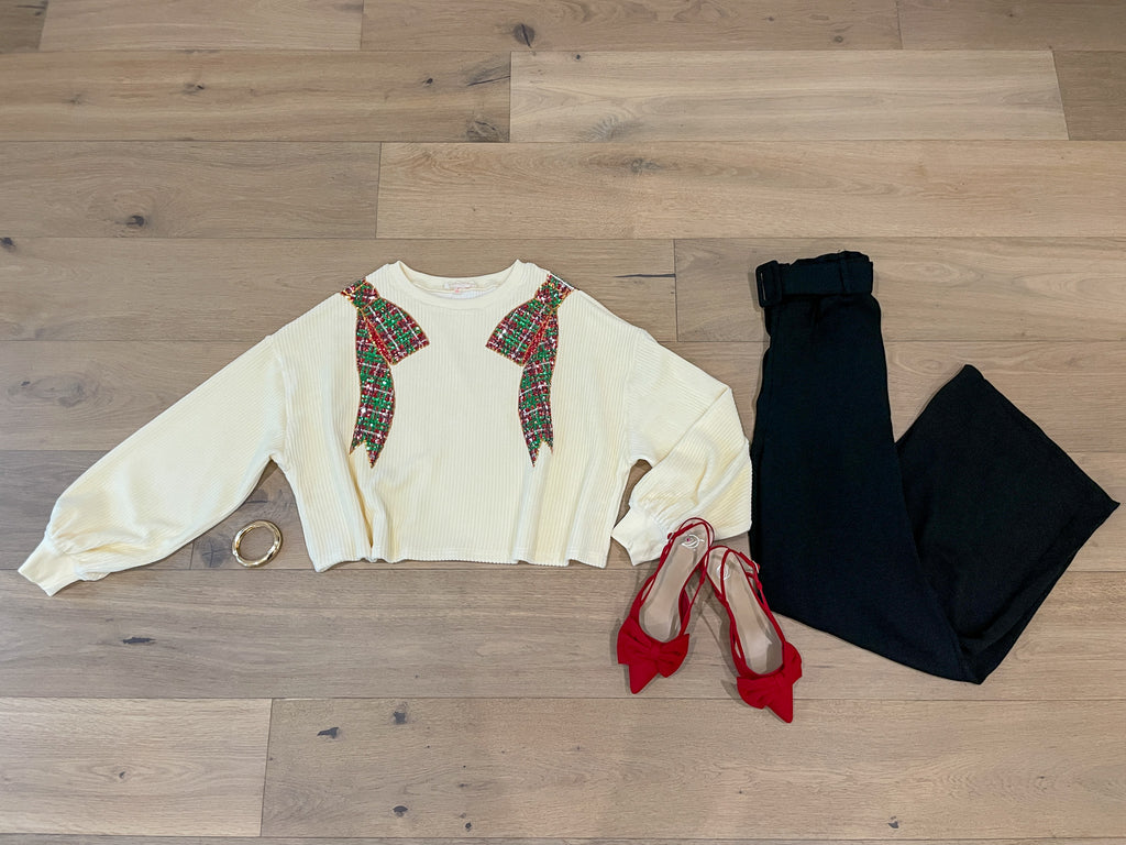 I'm a Gift Sequin Bow Corded Pullover in Cream