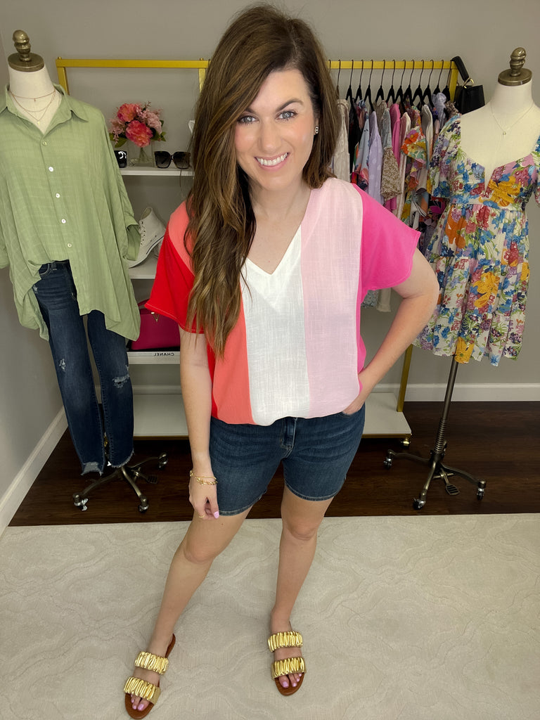 Shaney Striped Tops in Coral/Blue and Pink/Red
