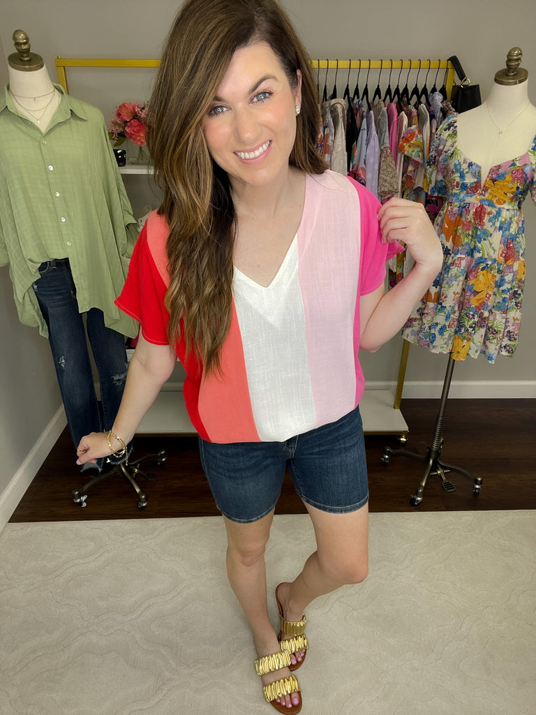 Shaney Striped Tops in Coral/Blue and Pink/Red