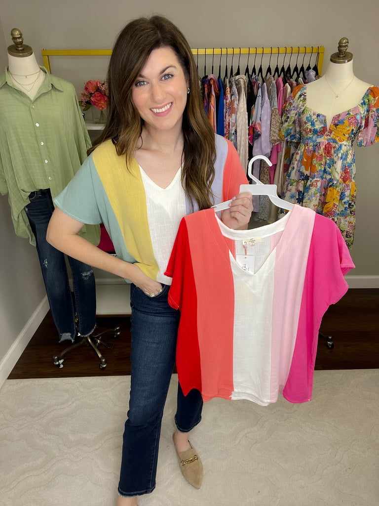 Shaney Striped Tops in Coral/Blue and Pink/Red