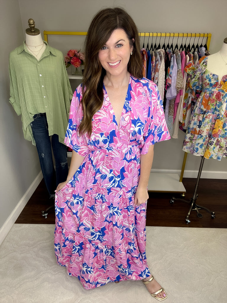 Painted Petals Maxi Dress in Royal/Pink