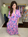 Painted Petals Maxi Dress in Royal/Pink
