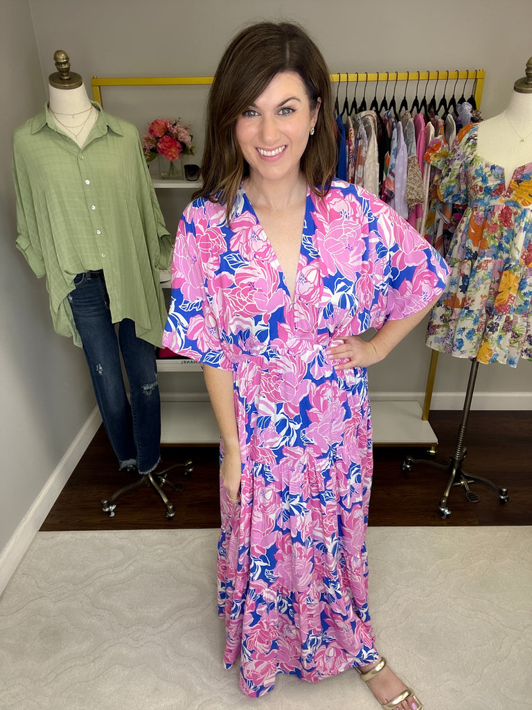 Painted Petals Maxi Dress in Royal/Pink
