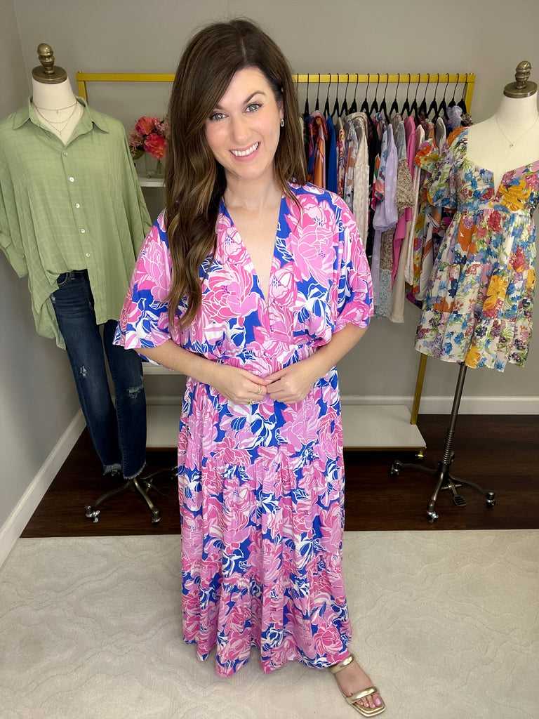 Painted Petals Maxi Dress in Royal/Pink