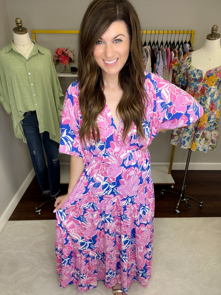 Painted Petals Maxi Dress in Royal/Pink