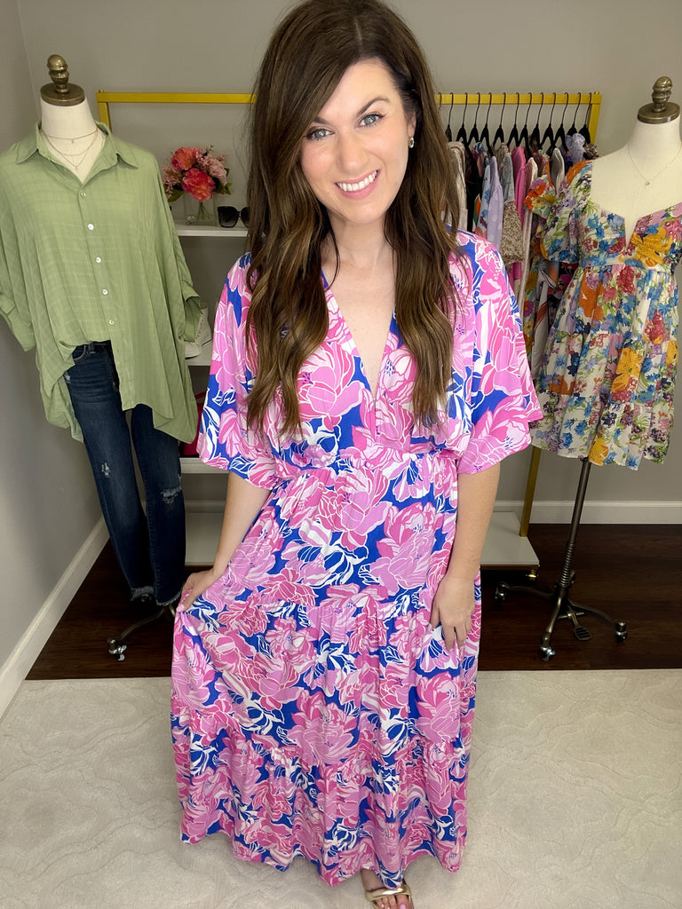 Painted Petals Maxi Dress in Royal/Pink