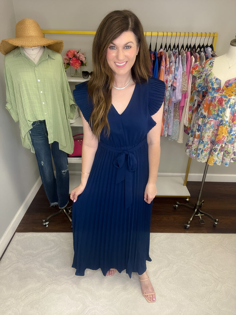 Uptown Pleated Maxi Dress in Navy