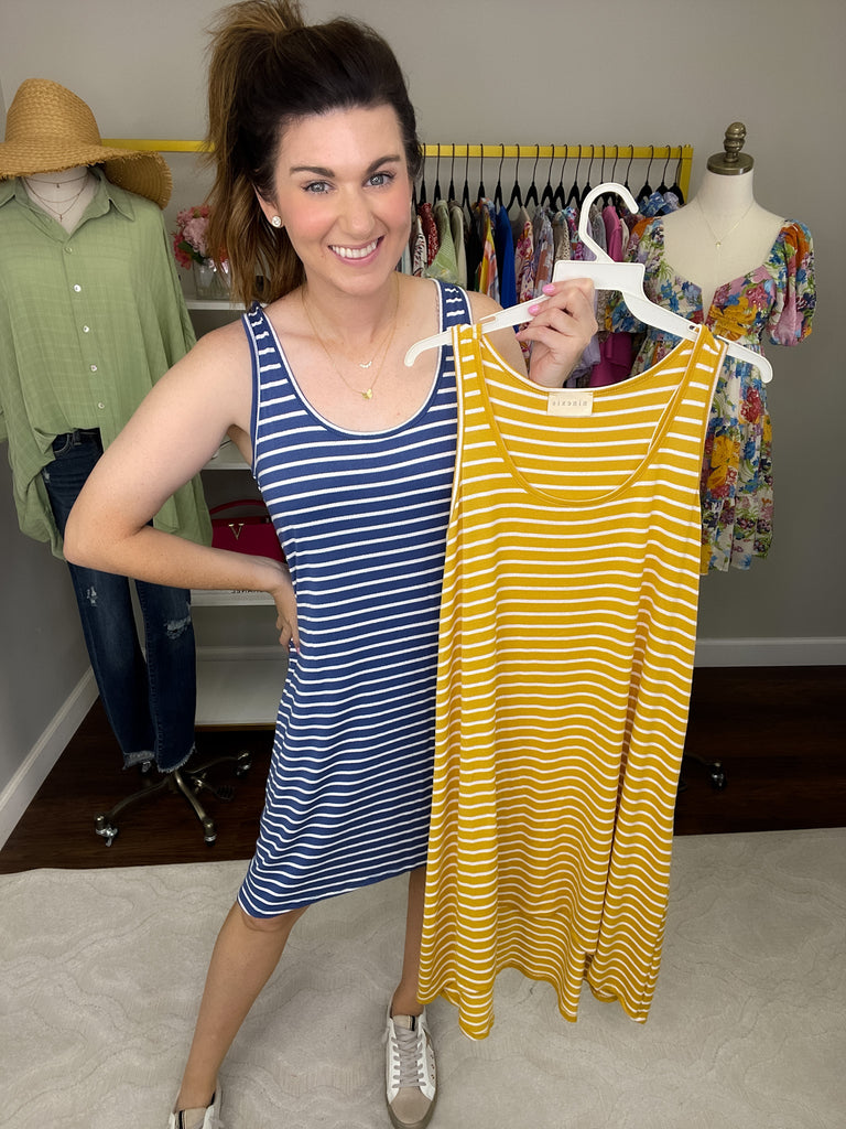 *BELLES & DOORBUSTER* Seeing Clearly Dress in Mustard and Blue