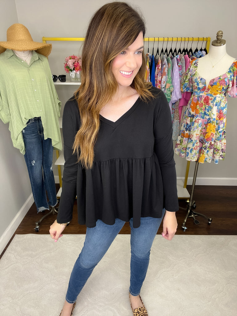 *BELLES & DOORBUSTER* Hughes V-Neck Peplum Top in Black