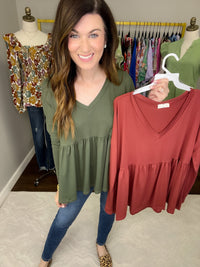 *BELLES & DOORBUSTER* Hughes V-Neck Peplum Top in Olive and Marsala *Final Sale*