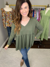 *BELLES & DOORBUSTER* Hughes V-Neck Peplum Top in Olive and Marsala *Final Sale*
