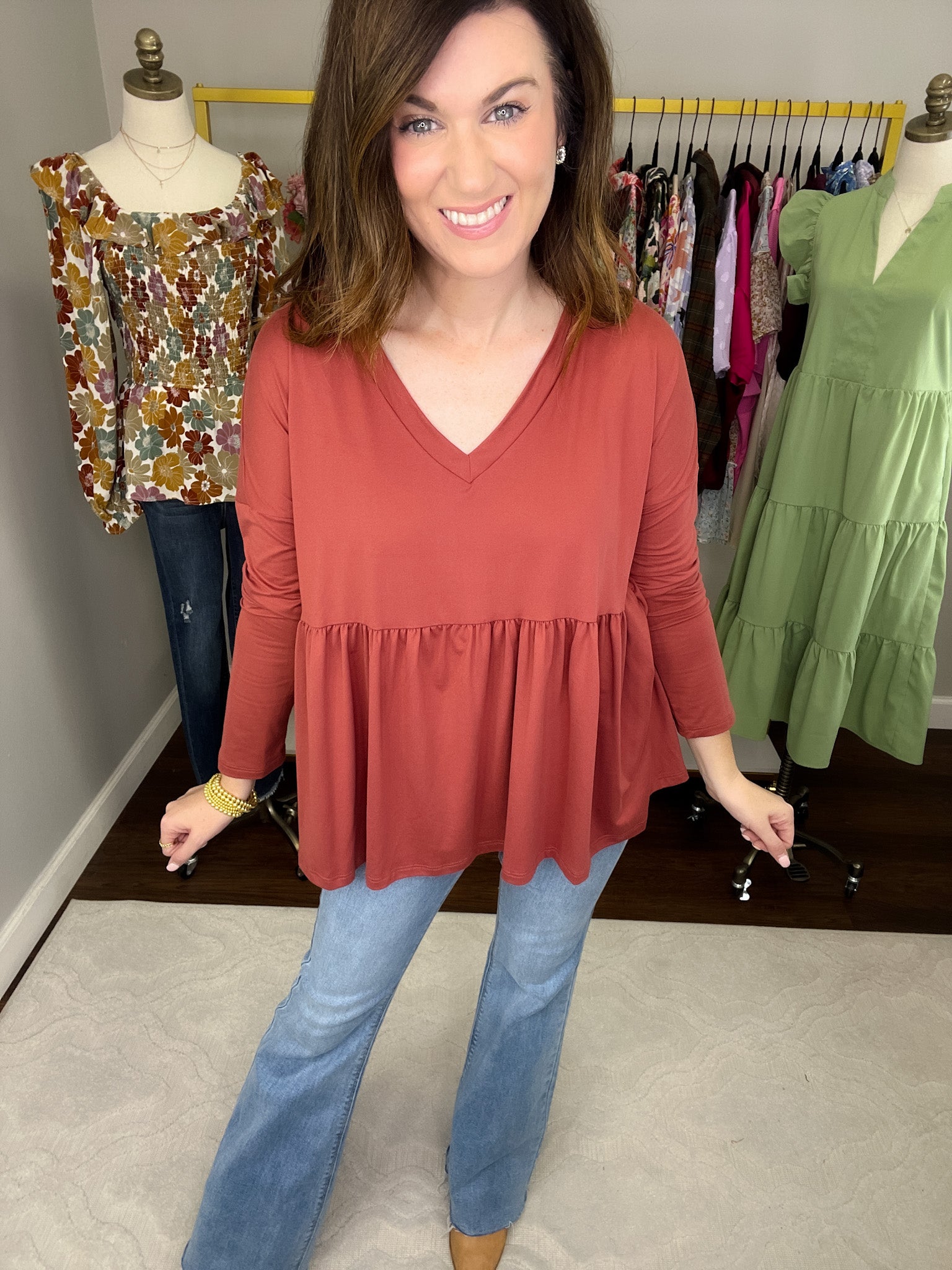 *BELLES & DOORBUSTER* Hughes V-Neck Peplum Top in Olive and Marsala *Final Sale*