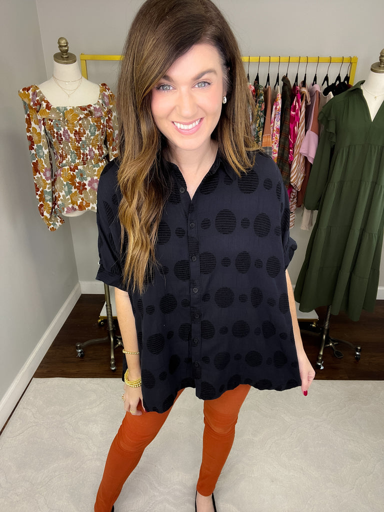 Play It Up Polka Dot Button Down in Black