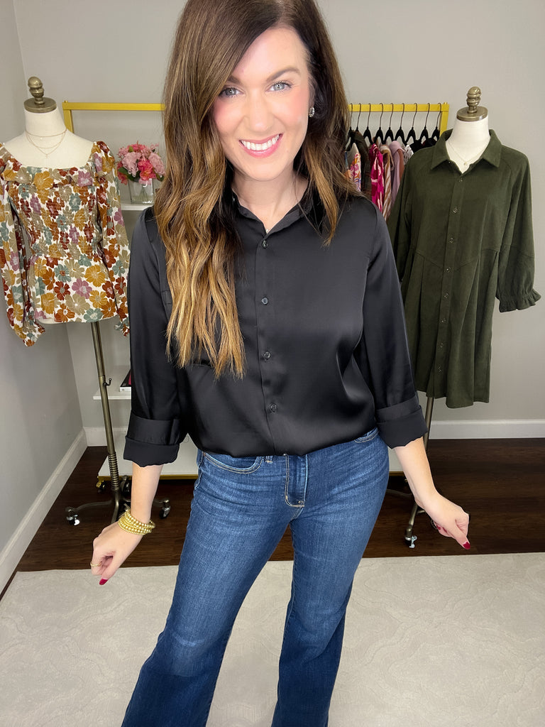 Tricks Up Your Sleeve Satin Button Down in Black