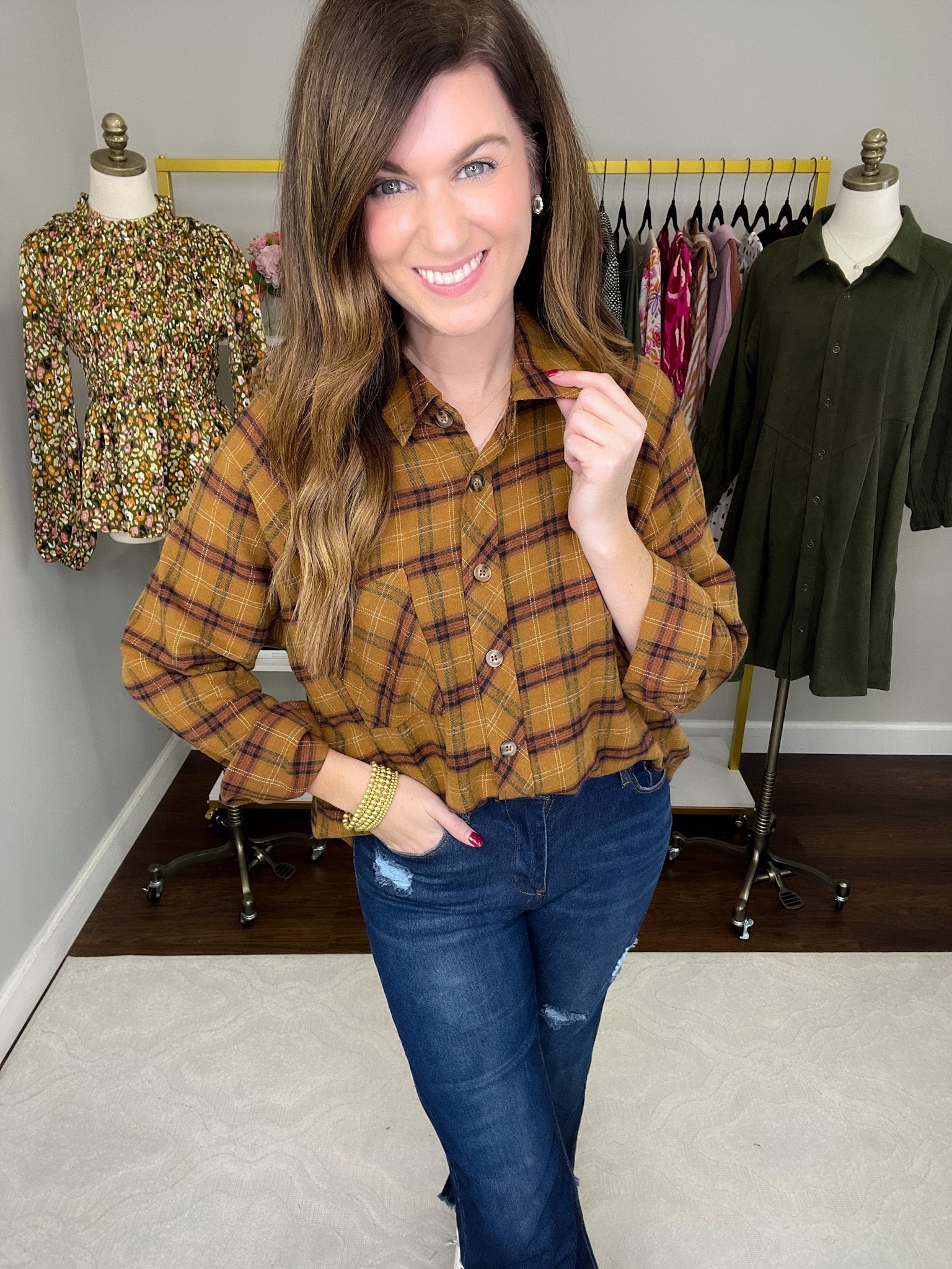 SALE! Truly Talented Plaid Button Down in Camel *Final Sale*