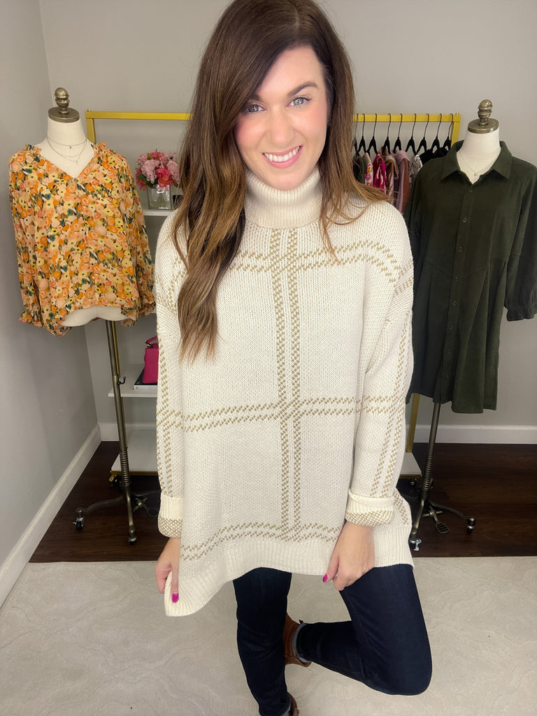 Timeless Tale Grid Print Sweater in Cream/Taupe