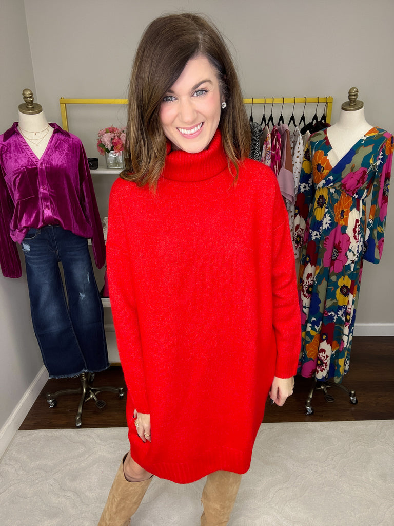 Coziest Pick Turtleneck Sweater Dress in Red