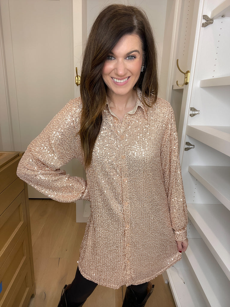 All That Glitters Sequin Shirt Dress