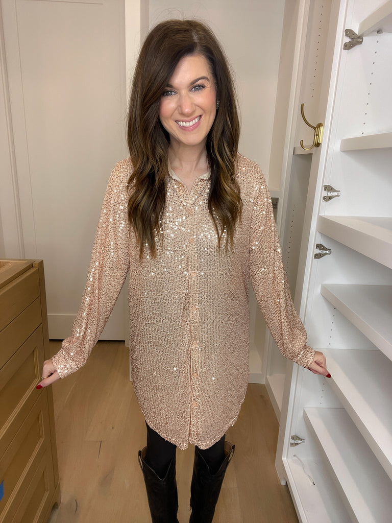 All That Glitters Sequin Shirt Dress