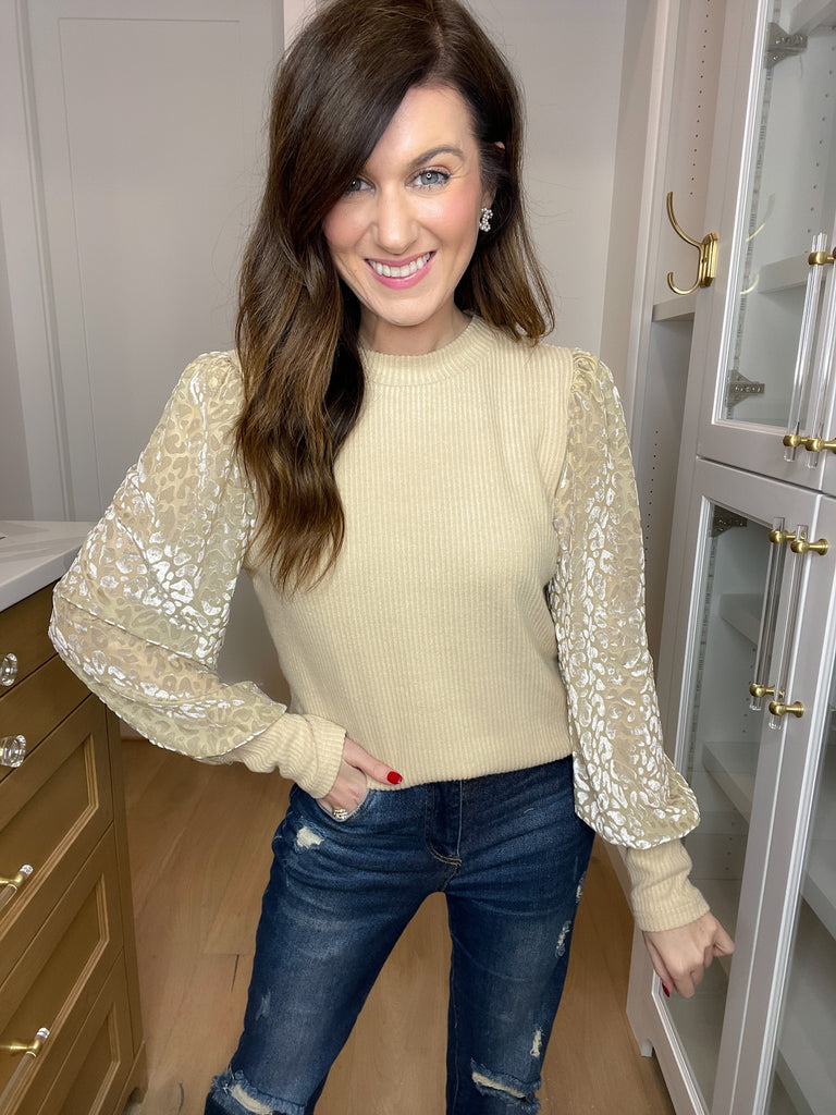 Go All Out Leopard Sleeve Top in Natural
