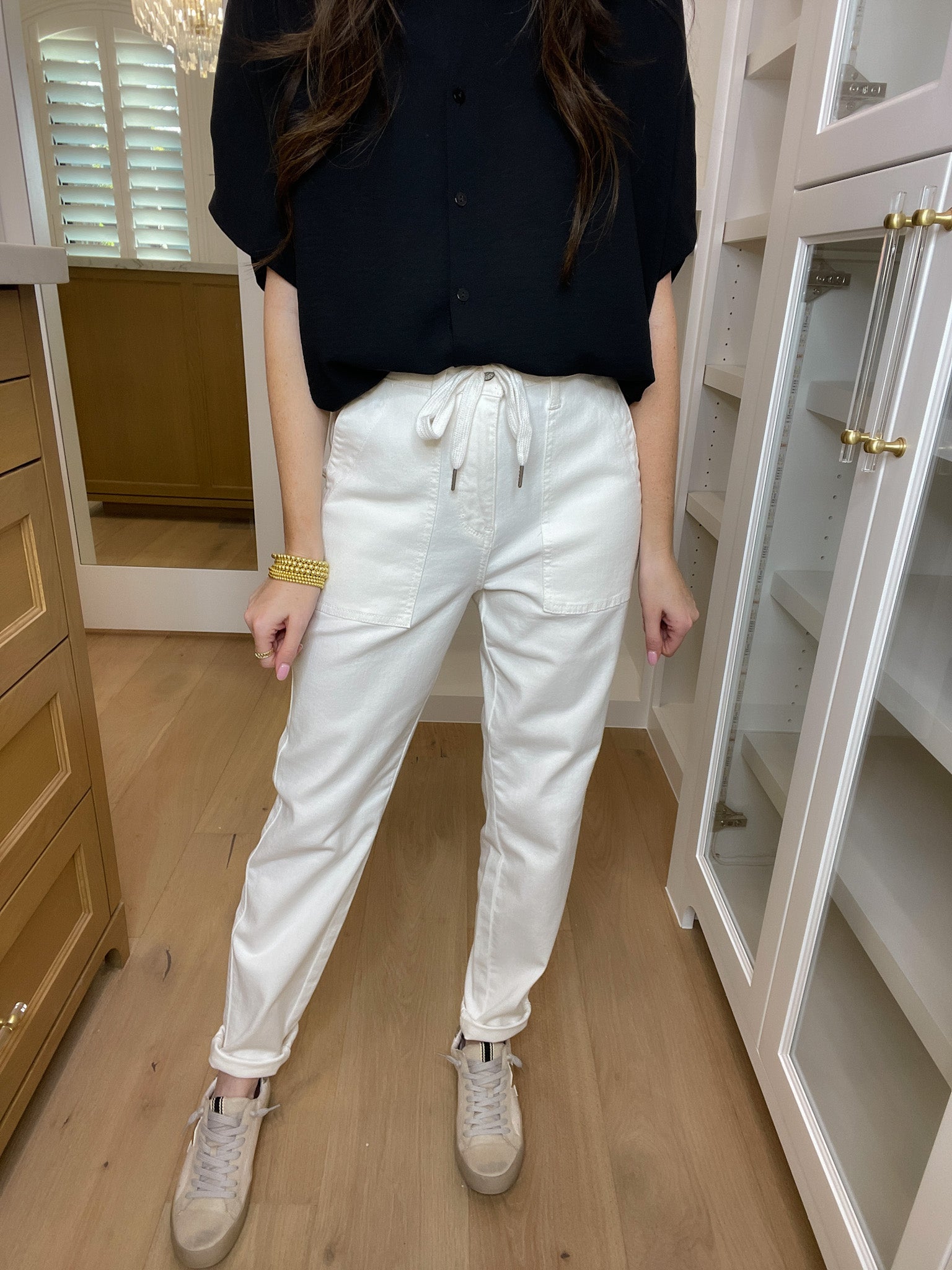Judy Blue Charlene High Rise Contrast Thread Jogger in Ecru