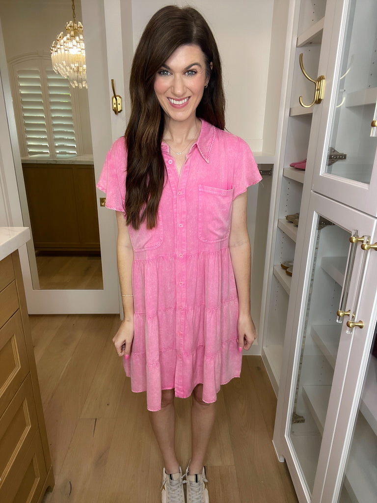 Make it Yours Tiered Denim Dress in Hot Pink